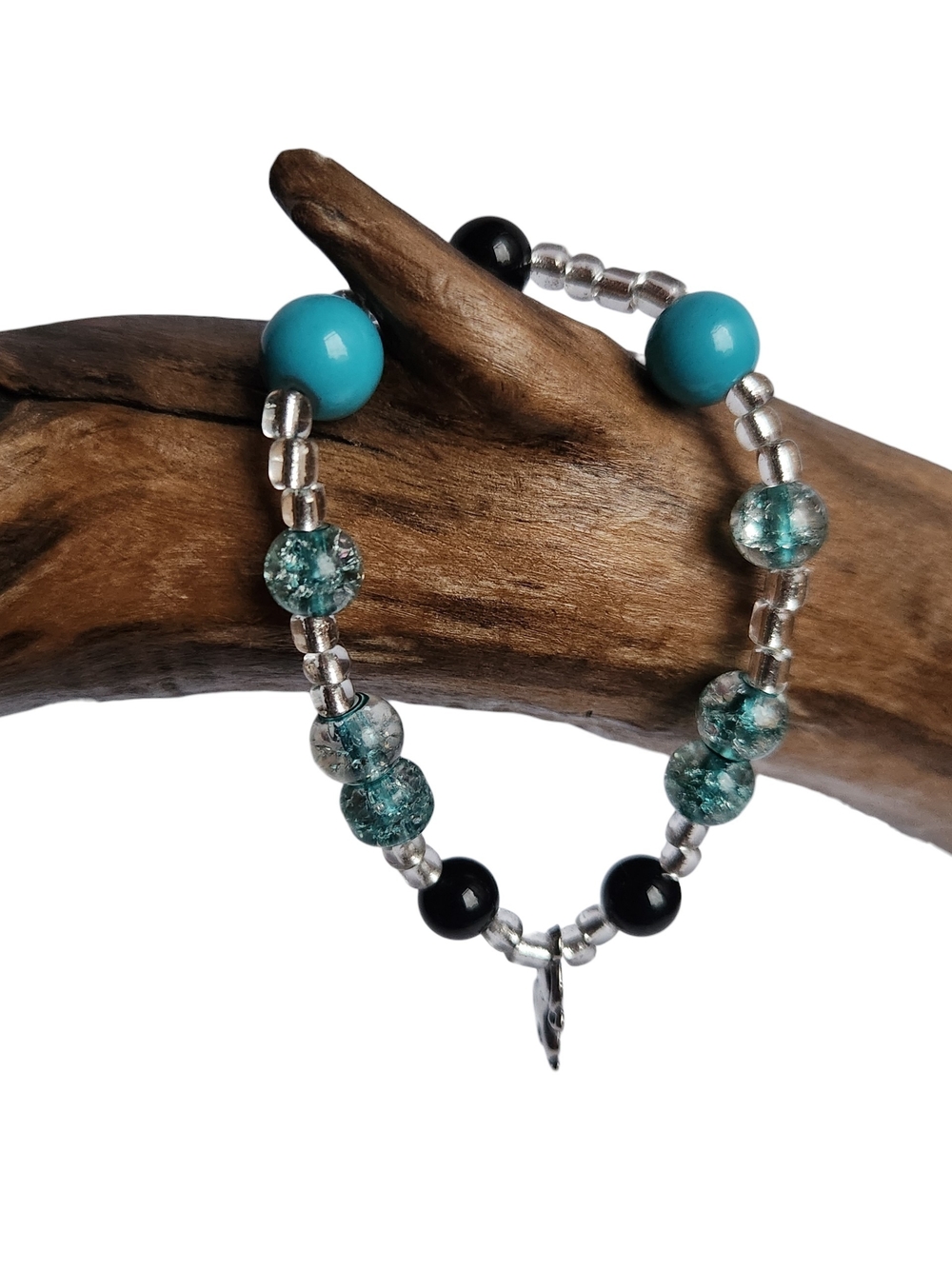 Turquoise and Black Agate Beaded Stretch Bracelet With Octopus Charm